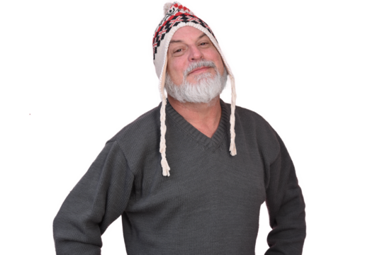 portrait business man with white beard bald facial expression wearing beret beanie fashion image isolated on white transparent background