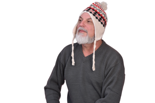 portrait business man with white beard bald facial expression wearing beret beanie fashion image isolated on white transparent background
