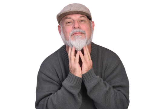 portrait business man with white beard bald facial expression wearing beret beanie fashion image isolated on white transparent background