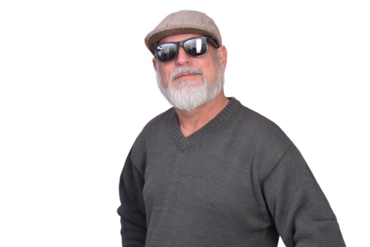 portrait business man with white beard bald facial expression wearing beret beanie fashion image isolated on white transparent background