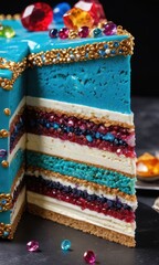Delicious Blue Cake with Jewel Decorations.