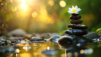 Obraz premium Zen stones and white flower in pond.