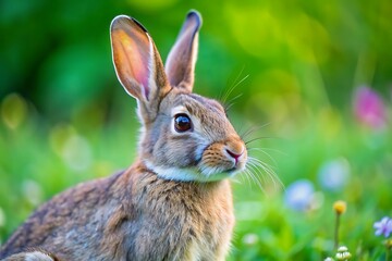 Fototapeta premium Close-up of a cute brown rabbit with white fur on its chest in a green meadow.