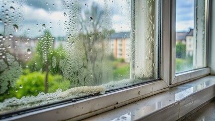 Water droplets and mold growth visible on a foggy plastic window, resulting from poor installation, with blurry background and condensed moisture accumulation.
