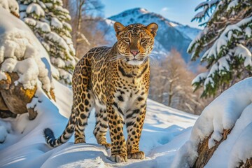 Fototapeta premium Majestic leopard curves beside snow-covered terrain, surrounded by winter landscapes, as stylish leopard-print pants lay abandoned, hinting at a boy's recent playful presence.