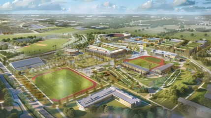 Illustrate an aerial perspective of a massive sports complex, highlighting multiple stadiums and training fields.