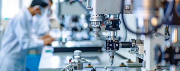 Advanced Industrial Machinery in a High-Tech Manufacturing Facility with Engineers in Background