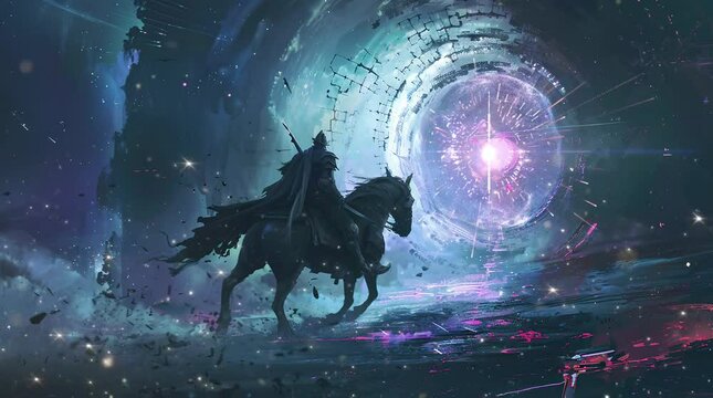 Lone knight on horseback running towards a glowing portal gate, creating an epic and mystical scene filled with adventure and fantas Seamless looping 4k time-lapse virtual video animation Generated AI