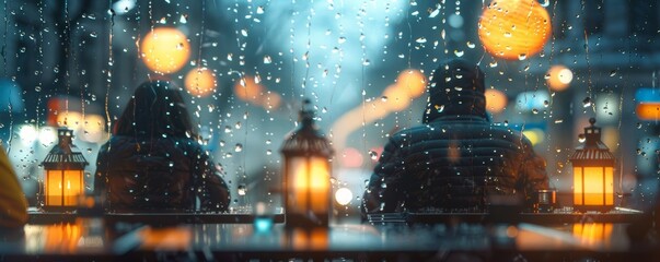 Obraz premium Cozy Outdoor Cafe Scene with Lanterns and Rainy Evening in the City