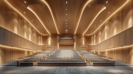 Modern Wooden Auditorium with Tiered Seating and Ambient Lighting