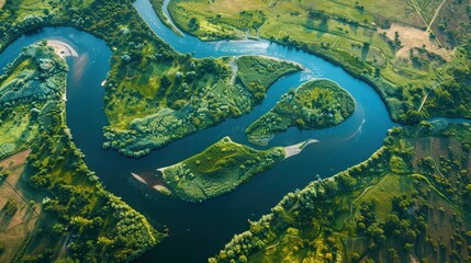 Obraz premium Illustrate an aerial view of a river with a wide-angle lens effect, emphasizing the expansive view of its course.