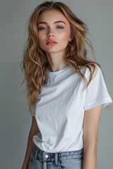Obraz premium White tshirt mockup on woman model created with Generative AI