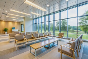 Empty chairs line the walls of a clean and modern hospital waiting area, with a large window letting in natural light and a reception desk nearby.