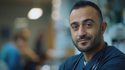 Fototapeta premium A man in a blue medical uniform smiles at the camera, standing in a hospital setting with a blurry figure in the background