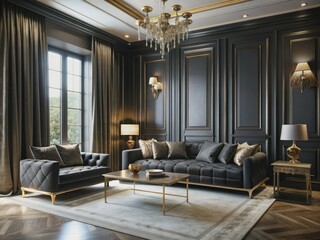 Luxurious black bedroom features sleek lounge area with velvet sofa, marble coffee table, and floor-to-ceiling curtains, surrounded by dark walls and ornate gold accents.