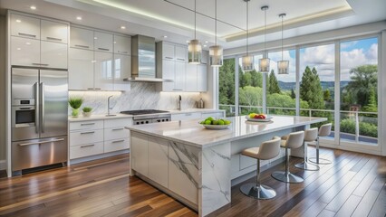 Spacious modern luxury kitchen with high-gloss white cabinets, sleek marble countertops, and stainless steel appliances amidst vast windows and polished hardwood flooring.