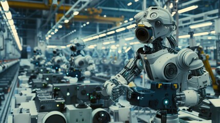 Fototapeta premium Photograph a futuristic factory floor with robots working in unison to assemble automotive parts, showcasing the efficiency of automated production lines