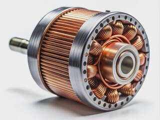 Close-up of a futuristic brushless DC motor with compact copper windings, advanced magnetic bearings, and sleek metallic casing, showcasing cutting-edge engineering design.