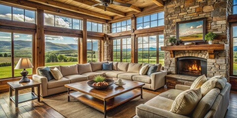 Cozy rural retreat featuring plush sectional sofa, rustic wooden coffee table, stone fireplace, and large windows overlooking sprawling green landscape and sunny sky.