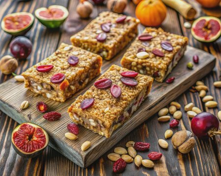 Vibrant homemade granola energy bars featuring juicy figs, wholesome oats, crunchy almonds, sweet dried cranberries, nutritious chia seeds, and toasted sunflower seeds on a wooden background.