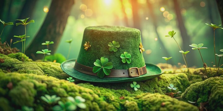 Vibrant green moss forest scenery features shiny gold four-leaf clovers surrounding a worn holey hat, perfect for festive celebratory St Patrick's Day digital background.