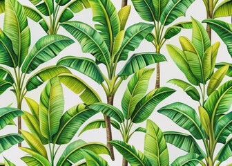 Vibrant seamless pattern featuring a stylized banana tree with lush green leaves on a crisp white background, creating a tropical and refreshing design element.