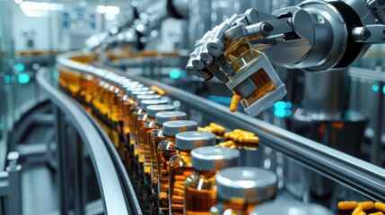 Fototapeta premium Photograph a pharmaceutical production line where robots manage the delicate process of mixing and bottling medications, maintaining high standards of hygiene and accuracy