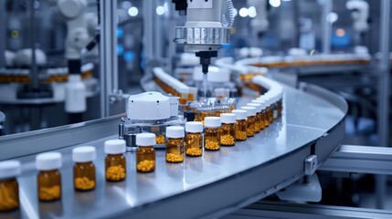Photograph a pharmaceutical production line where robots manage the delicate process of mixing and bottling medications, maintaining high standards of hygiene and accuracy