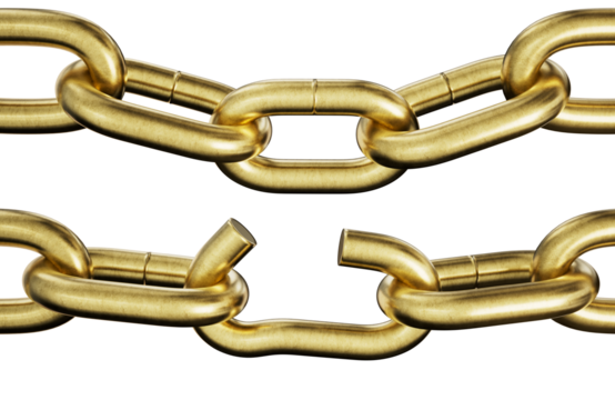 Intact and Broken Gold Chain weak link - isolated transparent PNG - Powered by Adobe
