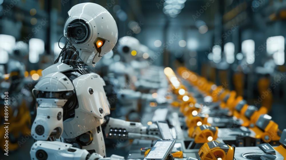 Poster photograph a production line where robots are assembling and testing high-tech gadgets, showcasing t