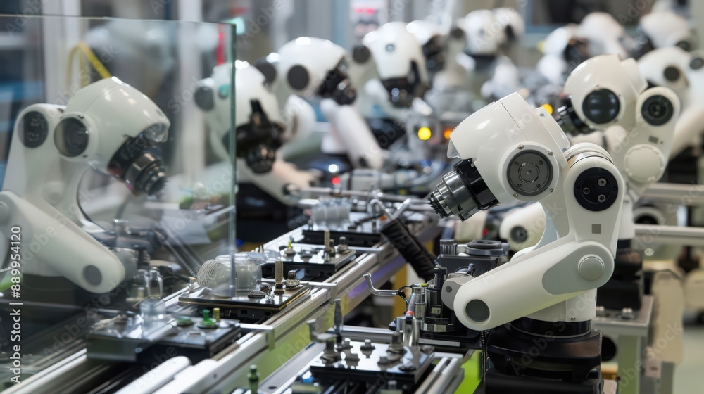 Poster photograph a production line where robots are assembling and testing high-tech gadgets, showcasing t