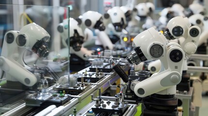 Fototapeta premium Photograph a production line where robots are assembling and testing high-tech gadgets, showcasing the advanced capabilities of modern manufacturing robots.
