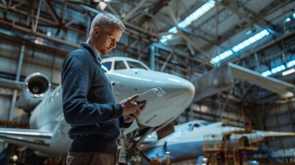 Fototapeta premium Aircraft maintenance mechanic in uniform reading docs on tablet computer in a hangar.