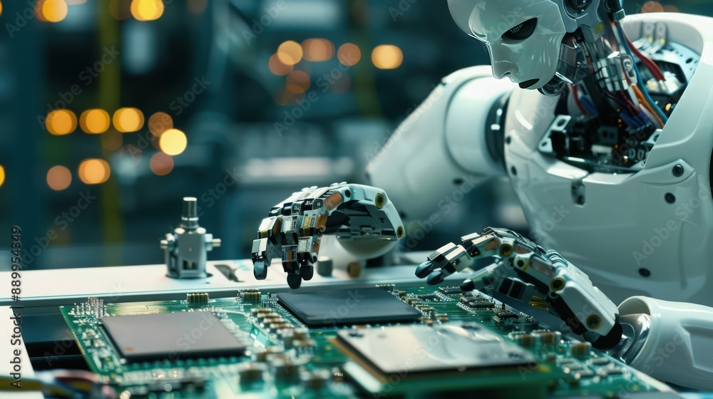 Poster photograph a robot engaged in the delicate task of assembling microchips, emphasizing the fine motor
