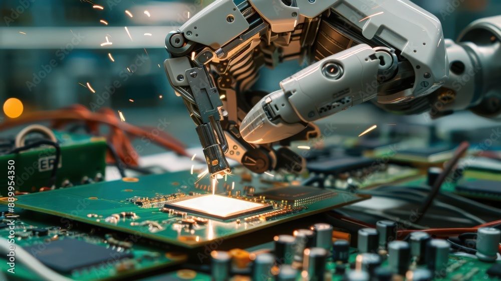 Poster photograph a robot engaged in the delicate task of assembling microchips, emphasizing the fine motor