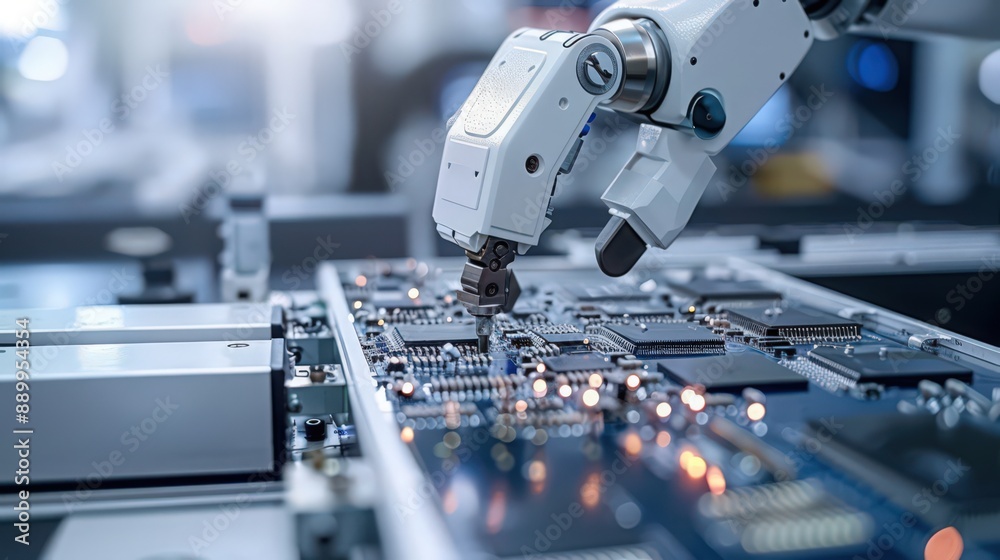 Poster photograph a robot engaged in the delicate task of assembling microchips, emphasizing the fine motor