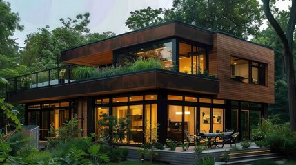 Photograph a robot carefully applying sustainable and weather-resistant exterior finishes, ensuring the longevity and durability of the home. --ar 16:9 Job ID: 1e5f4010-4307-4abb-ba16-84e7dea3f1f7