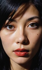 Close-up Portrait of a Young Woman with Red Lips and Brown Eyes.