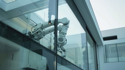 Photograph a robot precisely installing large glass panels, ensuring safety and aesthetic appeal in the home's design