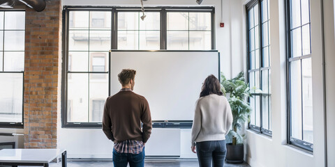 Coworkers staring at a blank white board