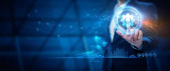 Business leader presents modern automation tools to increase profit and productivity. Automation Software Technology Process System Business Concept. Business process automation concept.