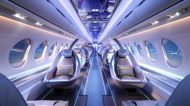 Photograph the interior of a futuristic airplane with flexible seating arrangements that can be customized for different types of flights and passenger needs.