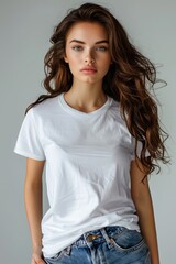 Fototapeta premium White tshirt mockup on woman model created with Generative AI