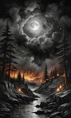 Obraz premium Night Sky with Fire and Full Moon.
