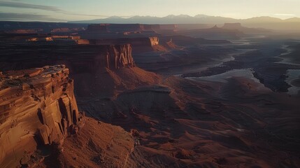 Present an aerial panorama of a canyon at twilight, with the sky transitioning from day to night.