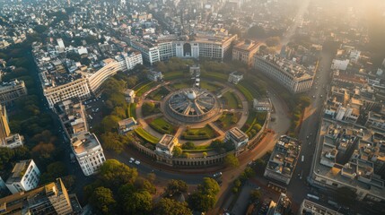 Present an aerial panorama of Connaught Place, with its circular layout and bustling commercial hub, surrounded by heritage buildings