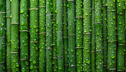 Green bamboo stalks with water droplets emphasize freshness.