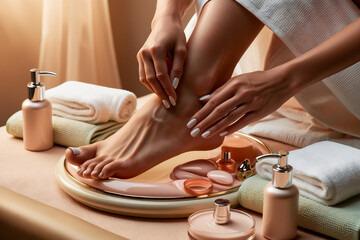  Female foot pedicure, delicate fingers carefully tending to the toenails, surrounded by elegant lotion bottles and crisp, white towels