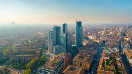 Fototapeta premium Present an aerial panorama of Rome's modern business district, with skyscrapers and office buildings contrasting against its historic landmarks