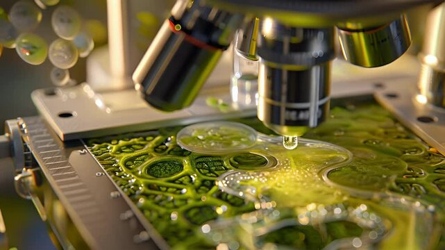 A microscope with a slide of a plant cell allowing visitors a closeup look at the intricate structures.